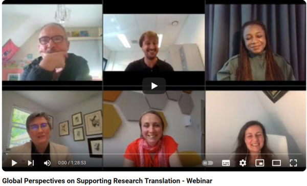 Screenshot of the speakers taken during a webinar on Global Perspectives on Supporting Research Translation